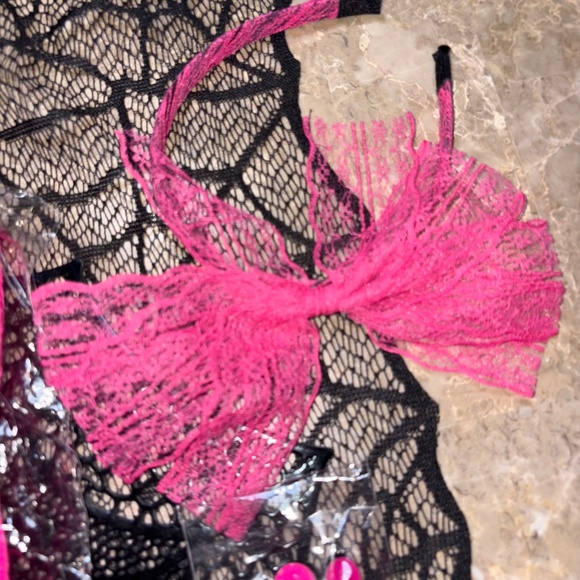 NWOT 80s Pink Accessories Women Lace Headband Earrings, Leg Covers, Bracelets - Picture 2 of 12